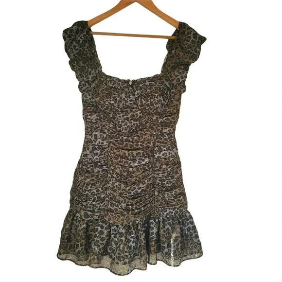 Forever 21 Ruched Frill Mini Dress Animal Print Ruffle Hem Off Shoulder Size S/P - Picture 1 of 11